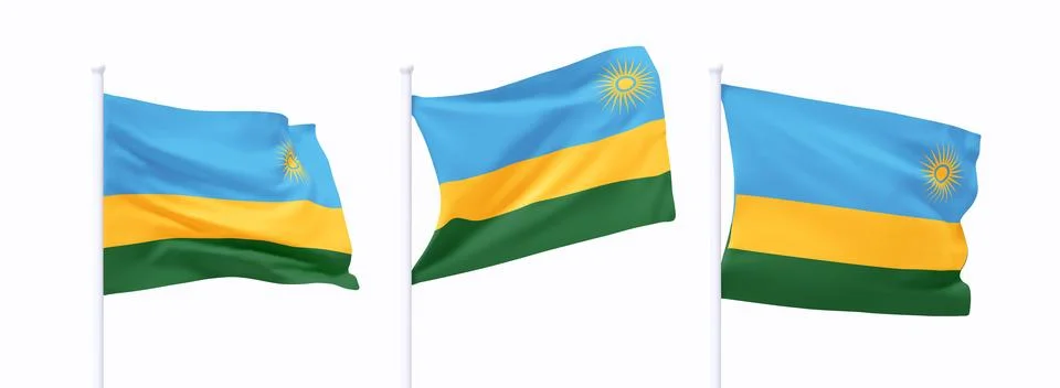 Set of Rwanda waving flag on flagpole. Realistic 3d design flag flies on th.. 스톡 일러스트