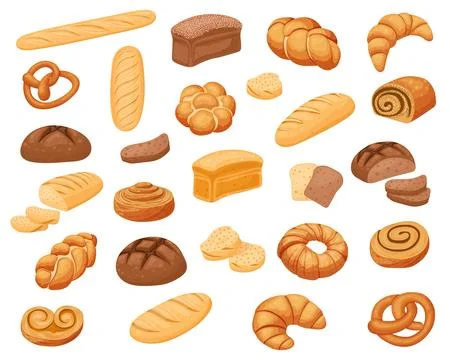 A set of rye and wheat bread, a bakery icon, sliced fresh bread. Fresh rolls  Stock Illustration