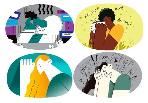 Set of sad girl cry suffer from depression Stock Illustration