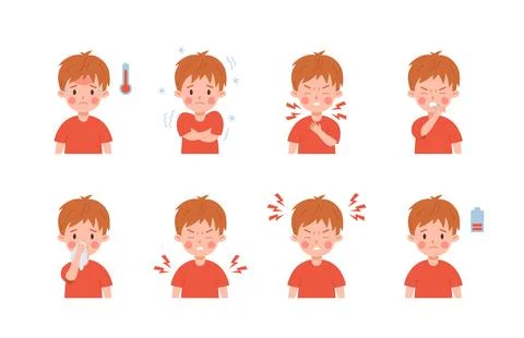 Set of sad kid boy characters with flu symptoms flat style Stock-Illustration