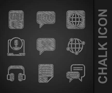 Set Sad smile, File document, Speech bubble chat, Global technology, Headph.. Stock Illustration