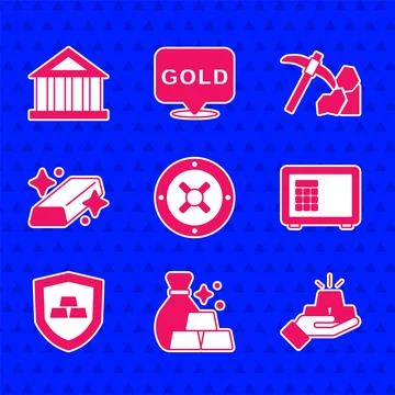 Set Safe, Bag of gold bars, Gold, with shield, mining and Bank building icon Ilustración de archivo
