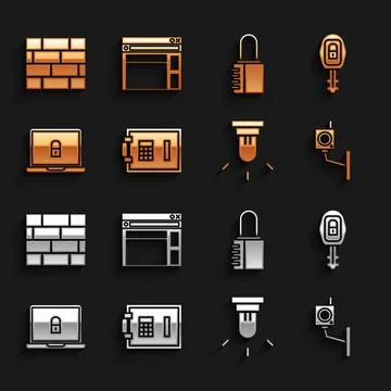 Set Safe, Car key with remote, Security camera, Motion sensor, Laptop and lock Stock Illustration