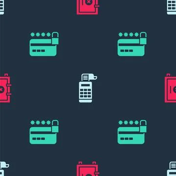 Set Safe, Cash register machine and Credit card with lock on seamless pattern 스톡 일러스트