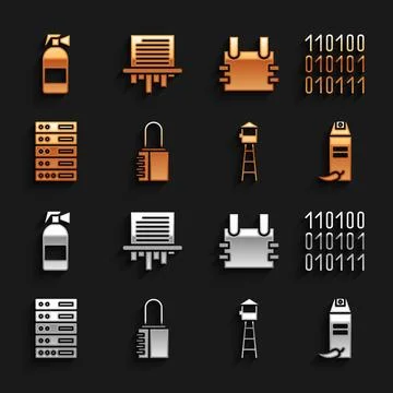 Set Safe combination lock, Binary code, Pepper spray, Watch tower, Server, Data 스톡 일러스트