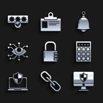 Set Safe combination lock, Chain link, Computer monitor and shield, Password イラスト素材