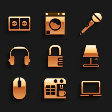 Set Safe combination lock, Coffee machine, Laptop, Table lamp, Computer mouse Stock Illustration
