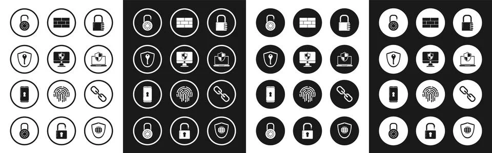 Set Safe combination lock, Computer monitor and shield, Shield with key, wheel 스톡 일러스트