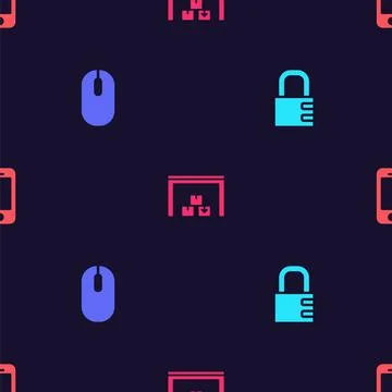 Set Safe combination lock, Computer mouse, Warehouse and Smartphone on seamless Stock Illustration