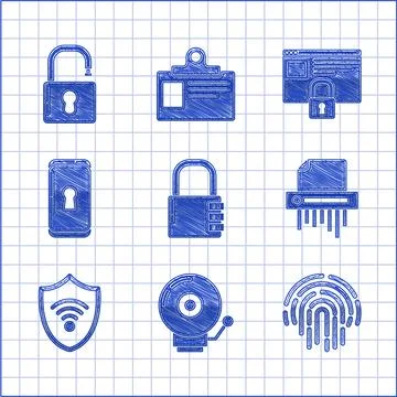 Set Safe combination lock, Fingerprint, Paper shredder confidential, Shield with Stockillustratie
