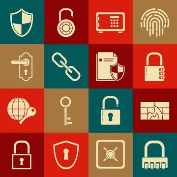 Set Safe combination lock, Firewall, security wall, Chain link, Door handle Illustration