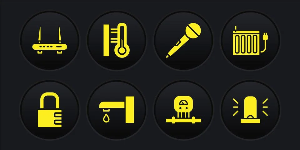 Set Safe combination lock, Heating radiator, Water tap, Smart sensor, Microphone Stock Illustration