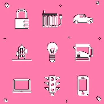 Set Safe combination lock, Heating radiator, Car, Antenna, Light bulb, Electr Stock Illustration
