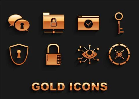 Set Safe combination lock, Key, Eye scan, Shield with keyhole, Secure your site Stock-Illustration