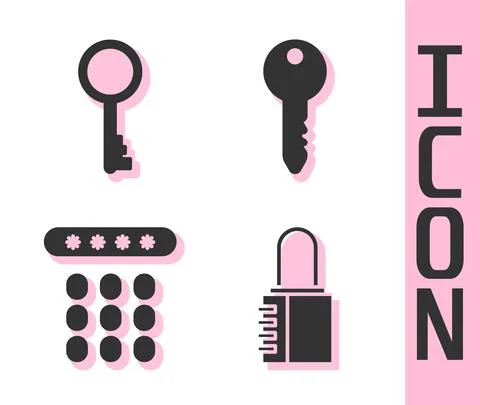 Set Safe combination lock, Old key, Password protection and Key icon. Vector 스톡 일러스트
