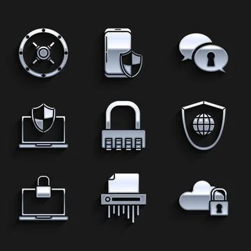 Set Safe combination lock, Paper shredder confidential, Cloud computing, Shield Illustrazione stock
