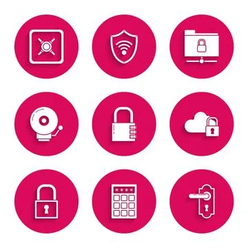 Set Safe combination lock, Password protection and safety access, Door handle Illustrazione stock