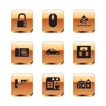 Set Safe combination lock, Security camera, Coffee machine, Car, Photo, Antenna Illustrazione stock