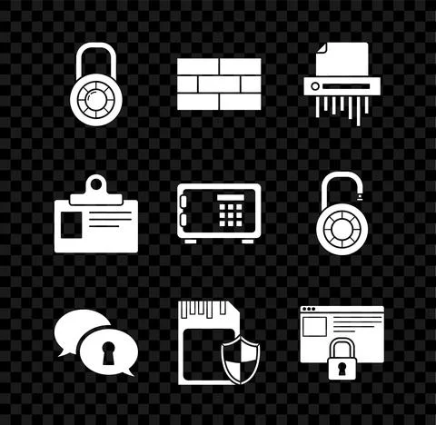 Set Safe combination lock wheel, Bricks, Paper shredder confidential, Protection Illustration