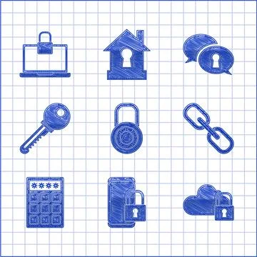 Set Safe combination lock wheel, Smartphone with closed padlock, Cloud computing Illustrazione stock