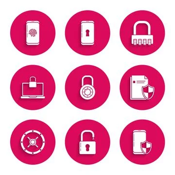 Set Safe combination lock wheel, Open padlock, Smartphone with security shield イラスト素材