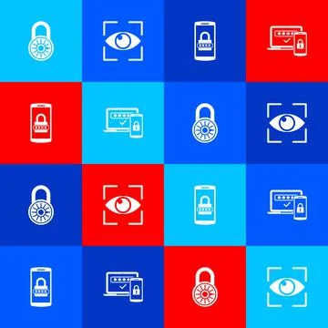 Set Safe combination lock wheel, Eye scan, Mobile and password and Two steps Stock Illustration