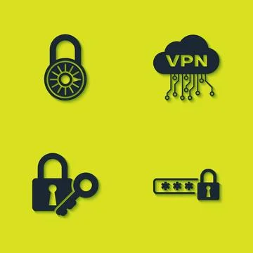 Set Safe combination lock wheel, Password protection, Lock and key and Cloud VPN Illustrazione stock