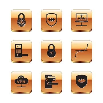 Set Safe combination lock wheel, VPN Network cloud connection, Digital door with Stock Illustration