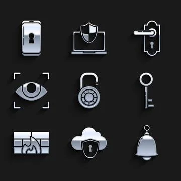 Set Safe combination lock wheel, Cloud and shield, Ringing bell, Key, Firewall Illustrazione stock