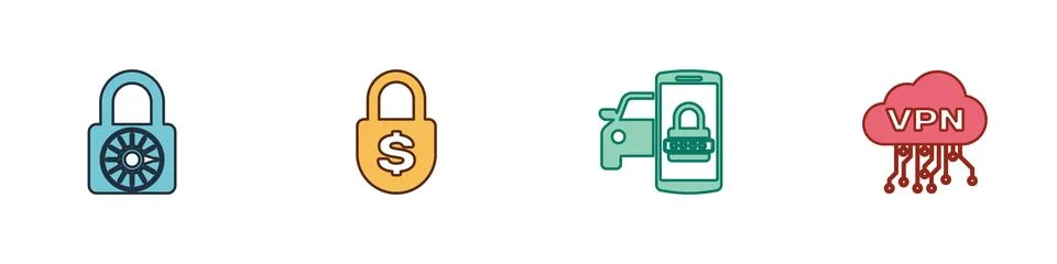 Set Safe combination lock wheel, Money, Smart car security system and Cloud VPN Stock Illustration