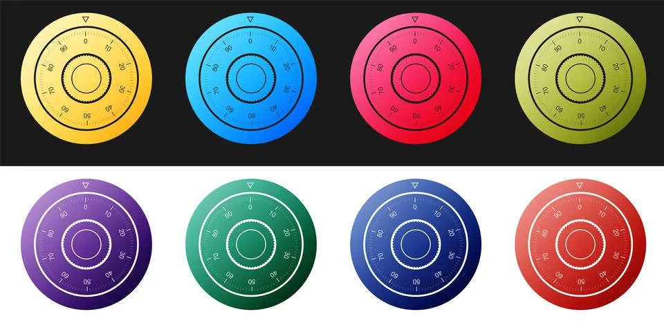 Set Safe combination lock wheel icon isolated on black and white background Illustrazione stock