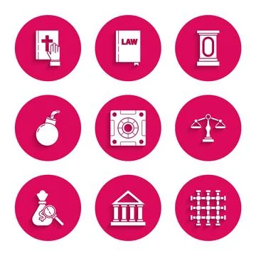 Set Safe, Courthouse building, Prison window, Scales of justice, Money bag .. Ilustración de archivo