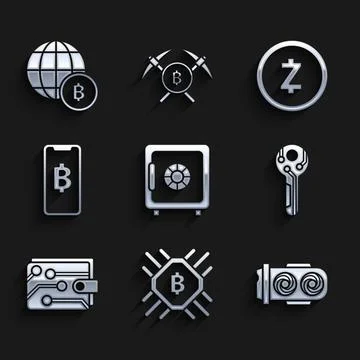 Set Safe, CPU mining farm, Mining, Cryptocurrency key, wallet, Phone mobile.. Stock Illustration
