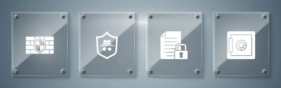 Set Safe, Document and lock, Incognito mode and Shield with brick wall. Squar Illustrazione stock