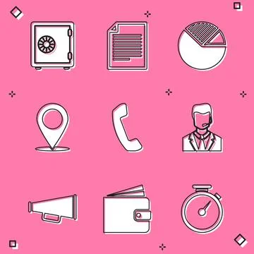 Set Safe, Document, Pie chart infographic, Map pin, Telephone handset and Man Stock Illustration