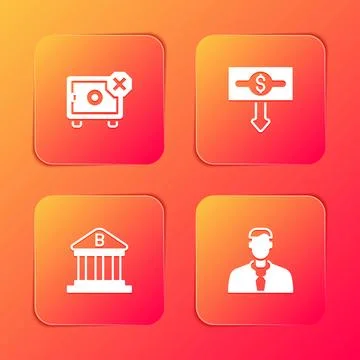 Set Safe, Dollar rate decrease, Bank building and Worker icon. Vector Stock Illustration