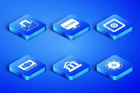 Set Safe, Envelope with dollar symbol, Bank building, Stacks paper money cash Illustrazione stock