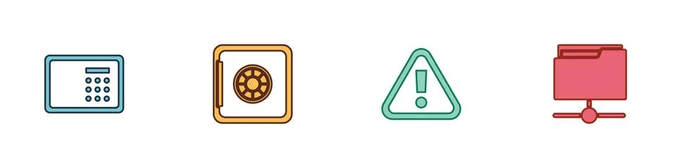 Set Safe, , Exclamation mark in triangle and FTP folder icon. Vector Stock Illustration