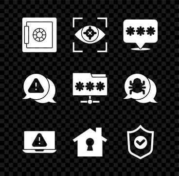 Set Safe, Eye scan, Password protection, Laptop with exclamation mark, Hous.. 스톡 일러스트