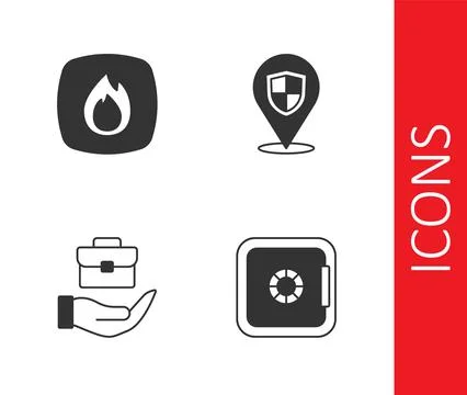 Set Safe, Fire flame, Hand holding briefcase and Location shield icon. Vector Stock Illustration