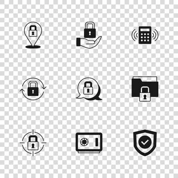 Set Safe, Folder and lock, Shield with check mark, Lock, Security keypad ac.. Stock Illustration