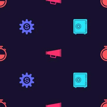 Set Safe, Gear with dollar symbol, Megaphone and Stopwatch on seamless pattern Stock Illustration