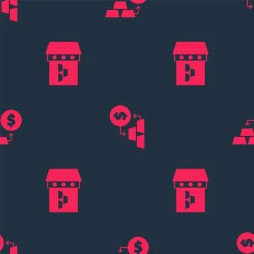 Set Safe with gold bars and Gold exchange money on seamless pattern. Vector Illustrazione stock