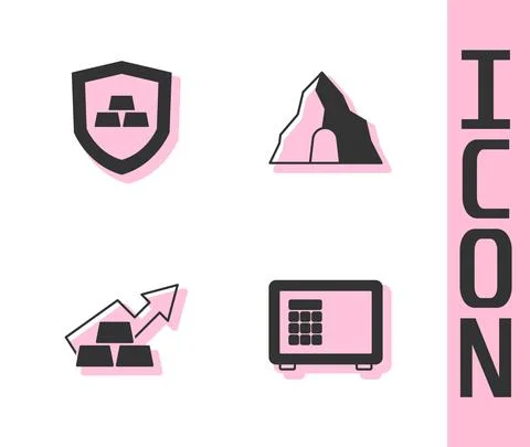 Set Safe, Gold bars with shield, Growth arrow gold and mine icon. Vector Ilustração Stock