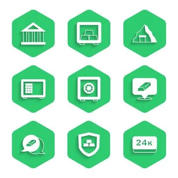 Set Safe, Gold bars with shield, 24k, mine and Bank building icon. Vector Ilustración de archivo