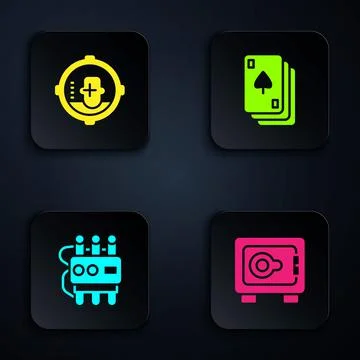 Set Safe, Headshot, Dynamite and timer clock and Playing cards. Black square Stock Illustration
