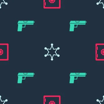 Set Safe, Hexagram sheriff and Pistol or gun on seamless pattern. Vector Illustrazione stock