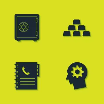 Set Safe, Human head with gear inside, Phone book and Gold bars icon. Vector Stock Illustration