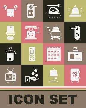 Set Safe, Identification badge, Door handle, Electric iron, Telephone handset Illustration