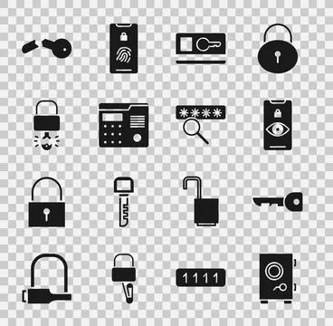 Set Safe, Key, Eye scan, card, House intercom system, broke inside of padlo.. Illustrazione stock
